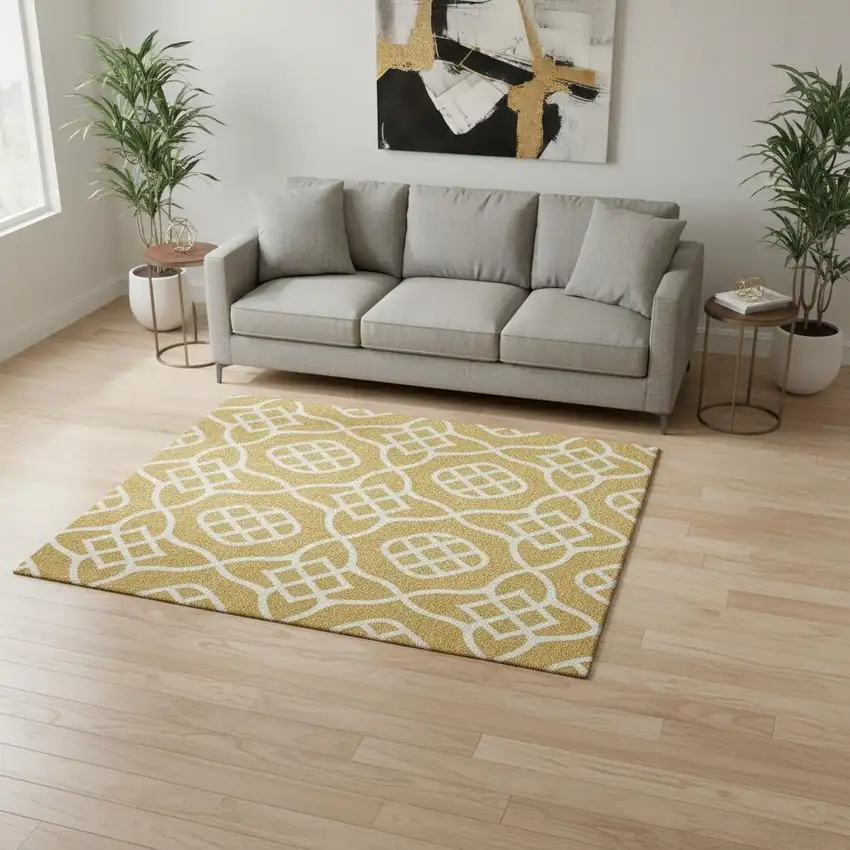 Gold And Ivory Trellis Washable Area Rug With UV Protection Photo 2