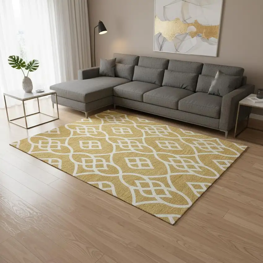 Gold And Ivory Trellis Washable Area Rug With UV Protection Photo 2
