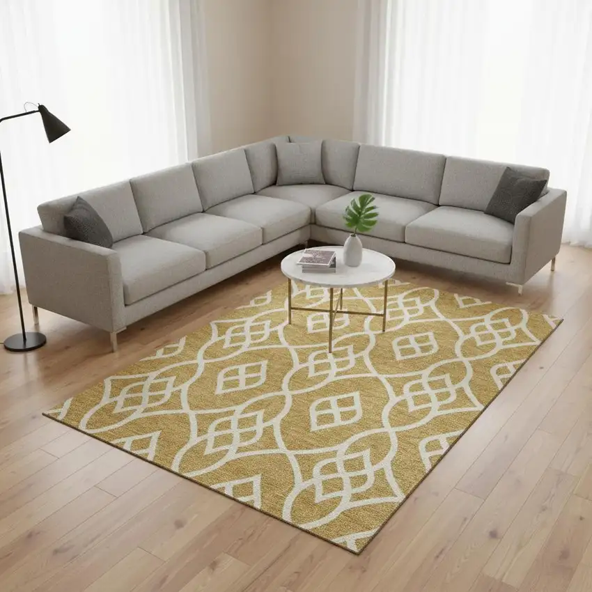 Gold And Ivory Trellis Washable Area Rug With UV Protection Photo 2