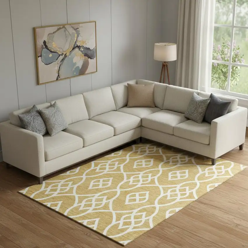 Gold And Ivory Trellis Washable Area Rug With UV Protection Photo 1