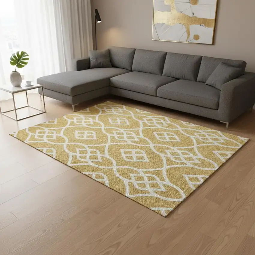 Gold And Ivory Trellis Washable Area Rug With UV Protection Photo 2