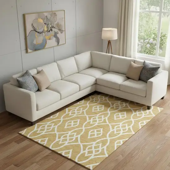Gold And Ivory Trellis Washable Area Rug With UV Protection Photo 1