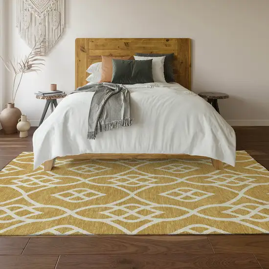 Gold And Ivory Trellis Washable Area Rug With UV Protection Photo 6