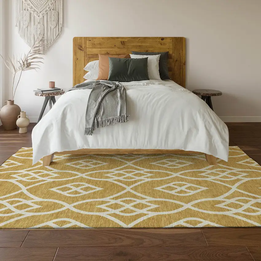 Gold And Ivory Trellis Washable Area Rug With UV Protection Photo 6