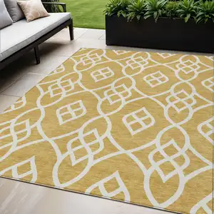 Photo of Gold And Ivory Trellis Washable Indoor Outdoor Area Rug