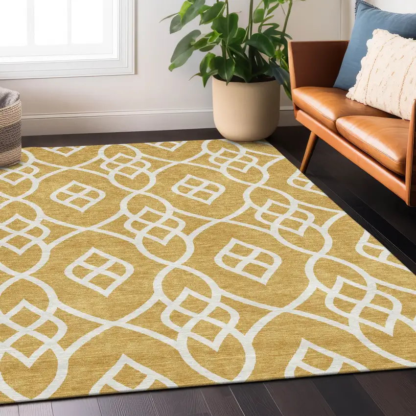 Gold And Ivory Trellis Washable Indoor Outdoor Area Rug Photo 9