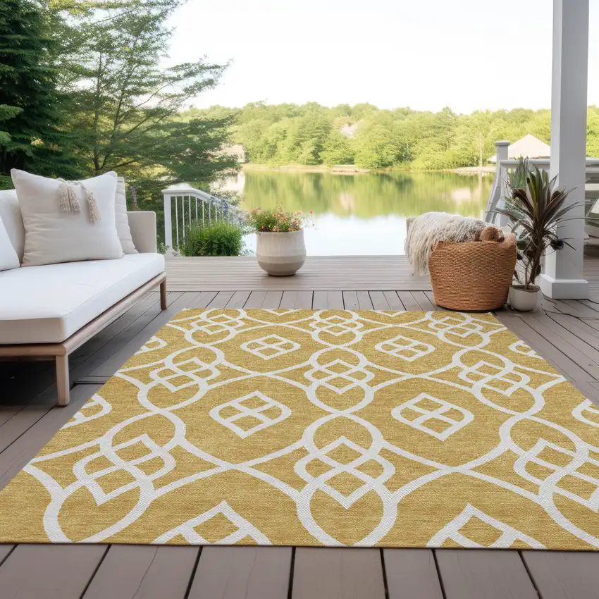 Gold And Ivory Trellis Washable Indoor Outdoor Area Rug Photo 8