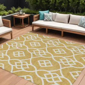 Photo of Gold And Ivory Trellis Washable Indoor Outdoor Area Rug