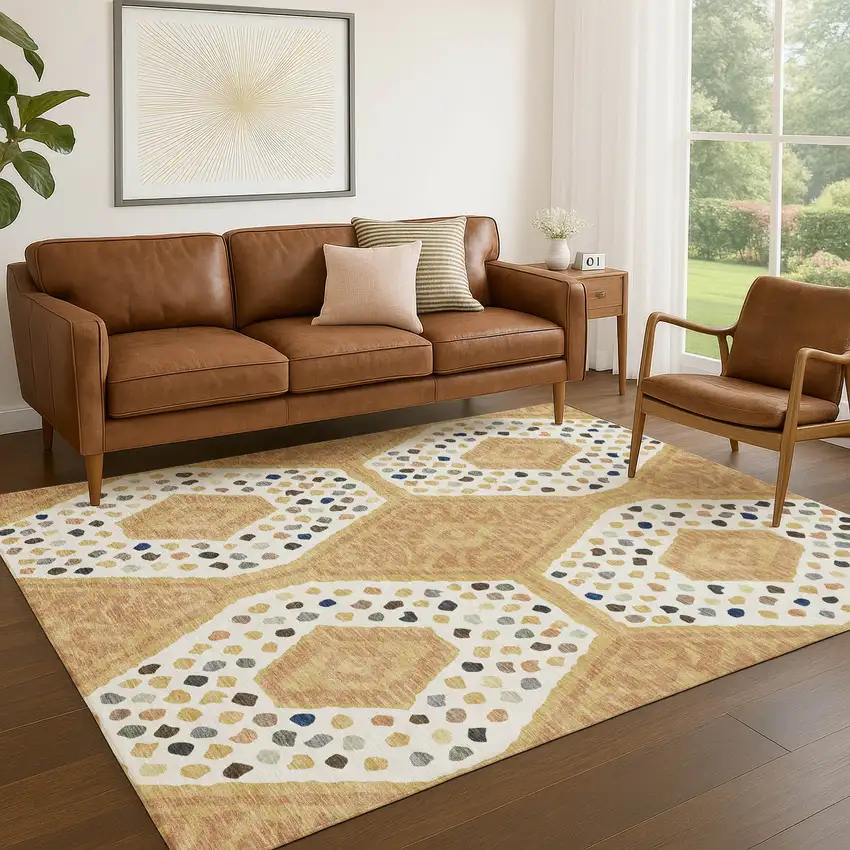 Gold And Ivory Tribal Washable Indoor Outdoor Area Rug Photo 5