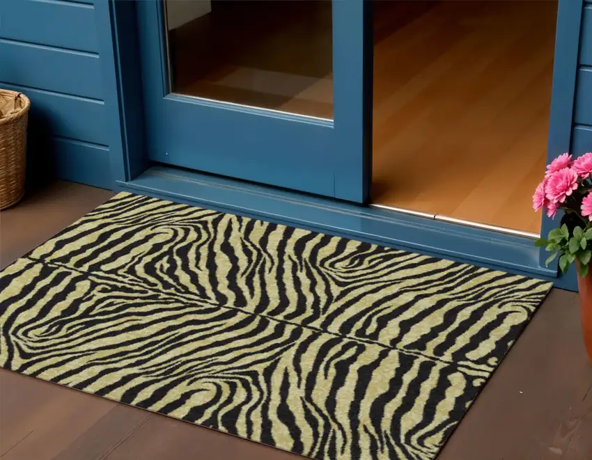 Gold And Ivory Zebra Print Washable Indoor Outdoor Area Rug Photo 1