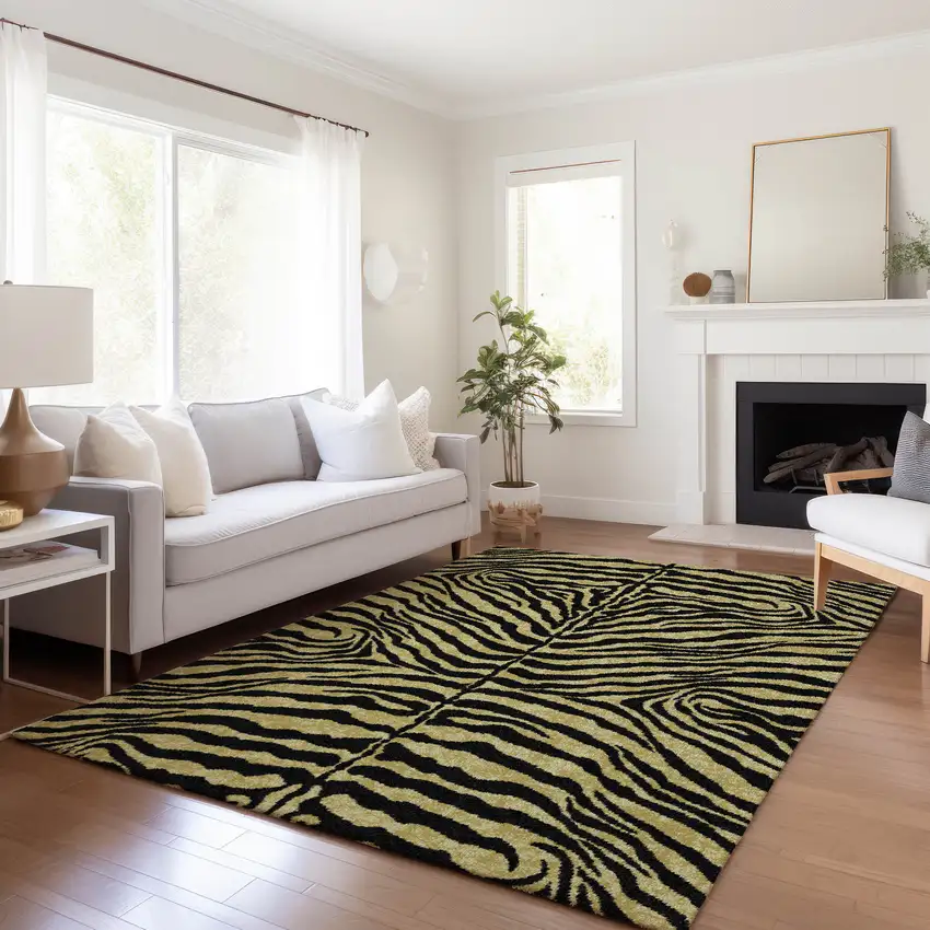 Gold And Ivory Zebra Print Washable Indoor Outdoor Area Rug Photo 6