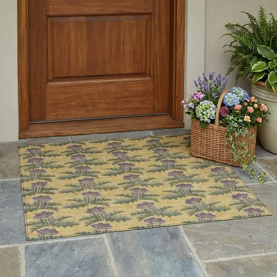 Gold And Khaki Floral Washable Indoor Outdoor Area Rug Photo 1