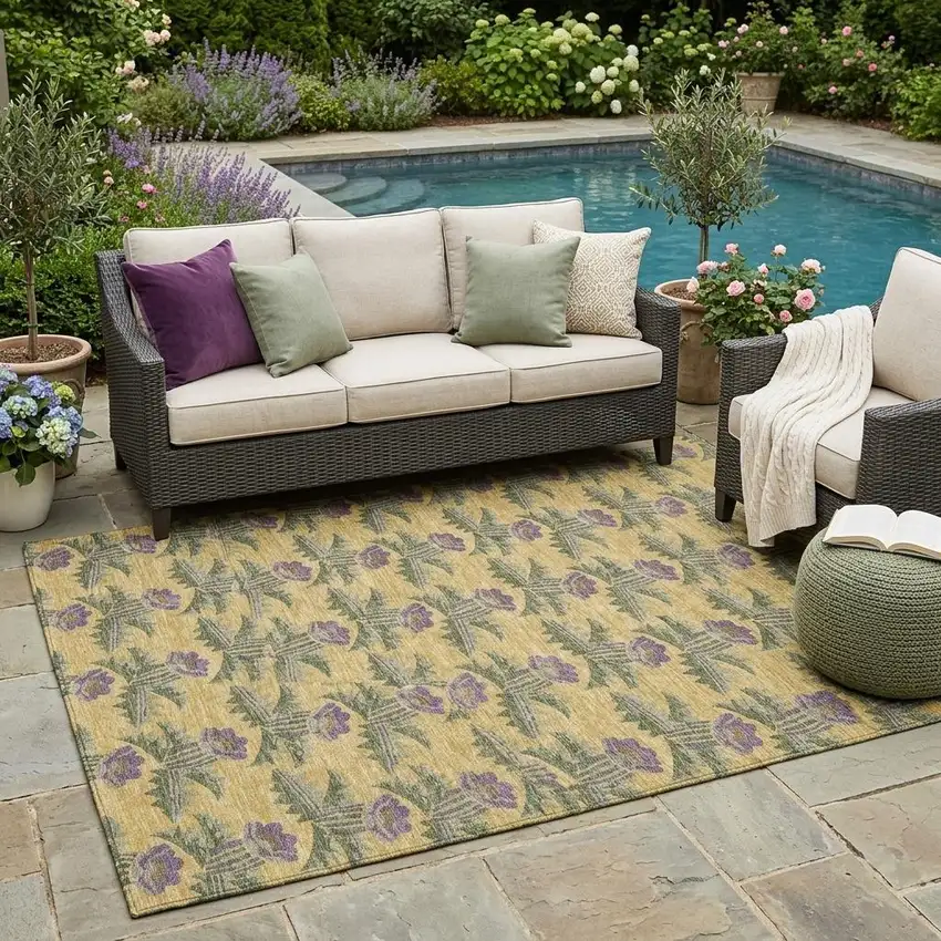 Gold And Khaki Floral Washable Indoor Outdoor Area Rug Photo 1