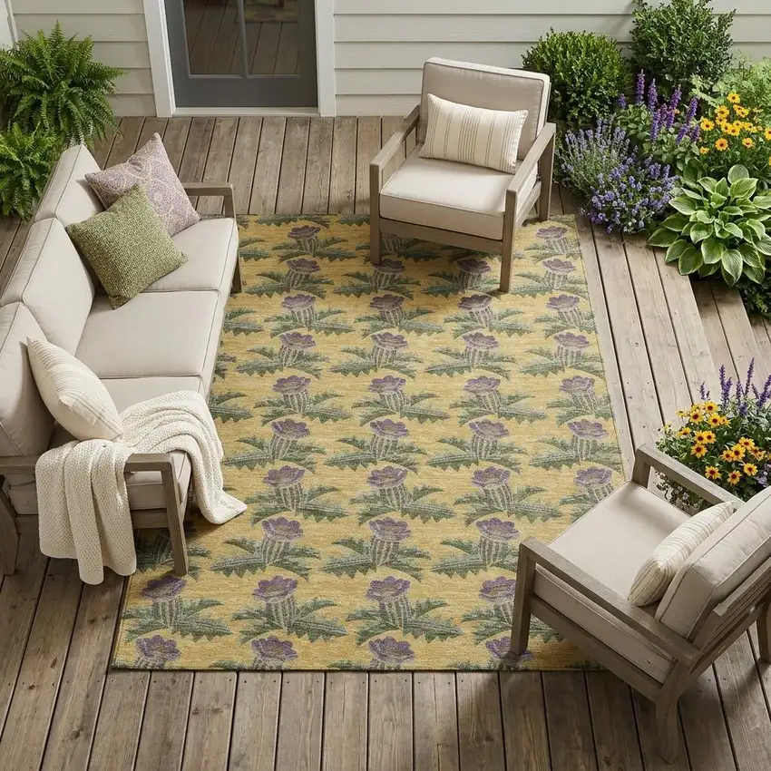 Gold And Khaki Floral Washable Indoor Outdoor Area Rug Photo 1