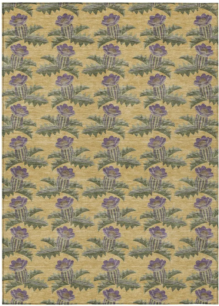 Gold And Khaki Floral Washable Indoor Outdoor Area Rug Photo 2
