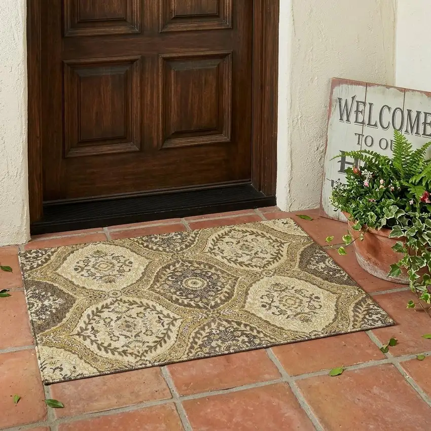 Gold And Khaki Ogee Washable Indoor Outdoor Area Rug Photo 1