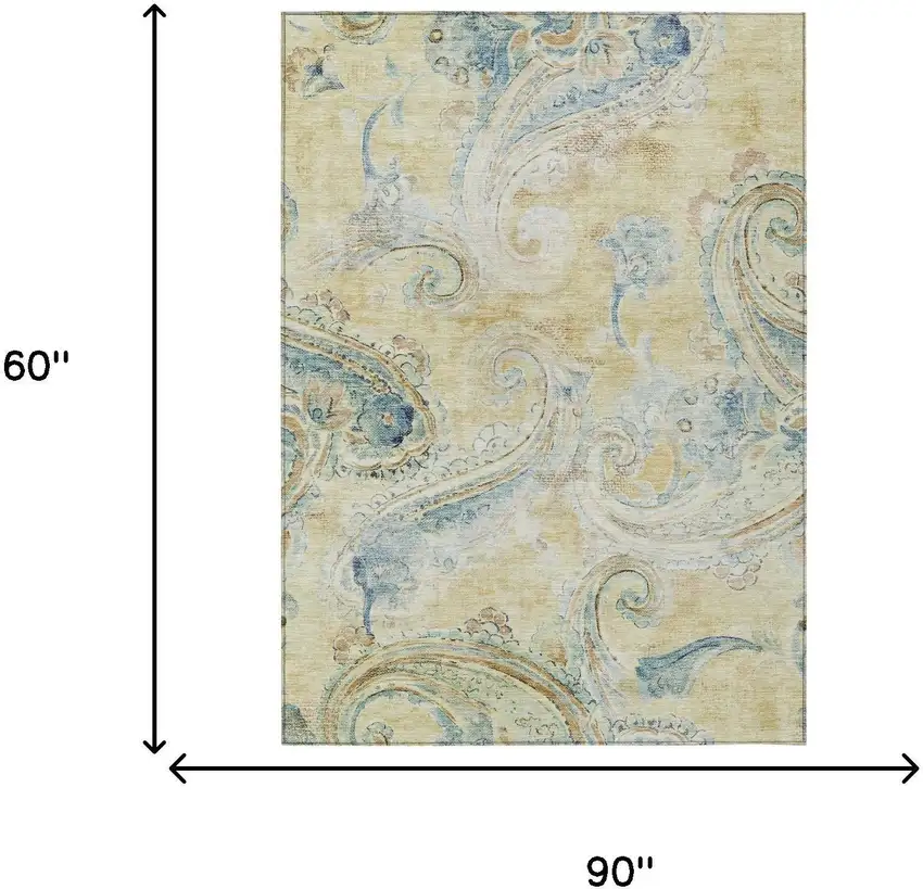 Gold And Mint Green Paisley Washable Indoor Outdoor Area Rug Photo 7