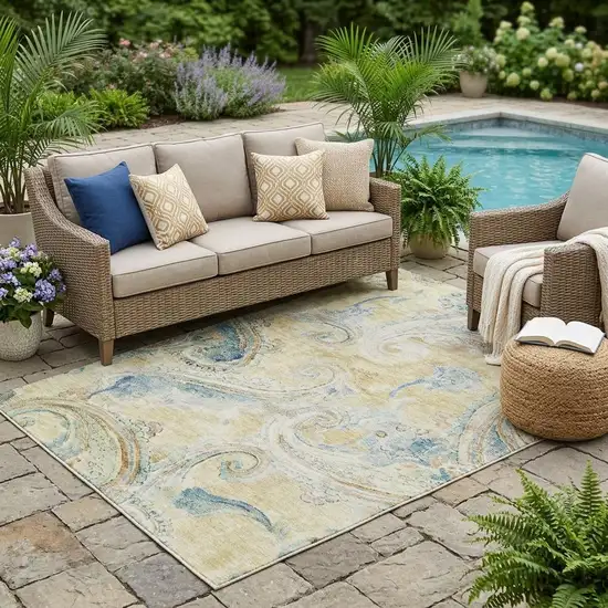 Gold And Mint Green Paisley Washable Indoor Outdoor Area Rug Photo 1