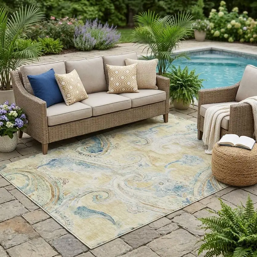 Gold And Mint Green Paisley Washable Indoor Outdoor Area Rug Photo 1