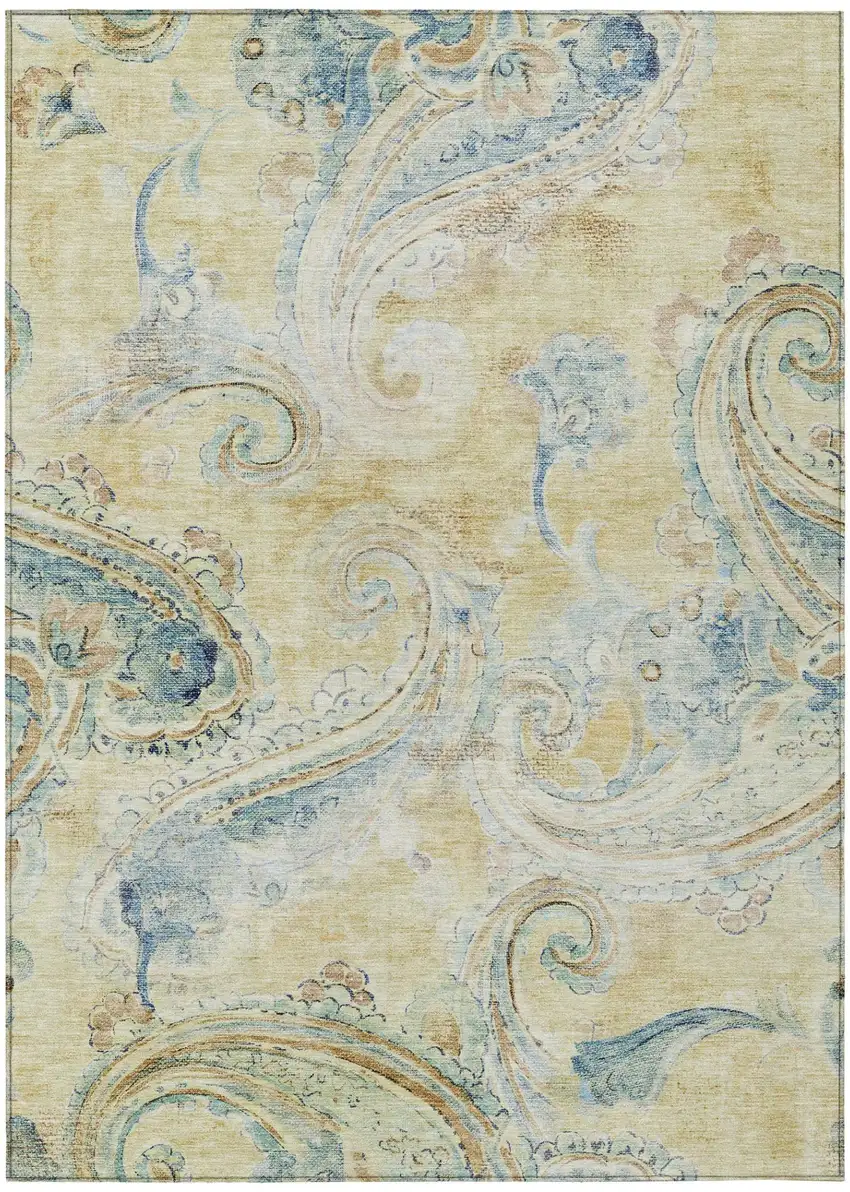 Gold And Mint Green Paisley Washable Indoor Outdoor Area Rug Photo 2