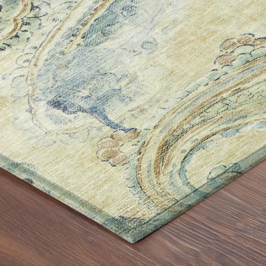 Gold And Mint Green Paisley Washable Indoor Outdoor Area Rug Photo 5