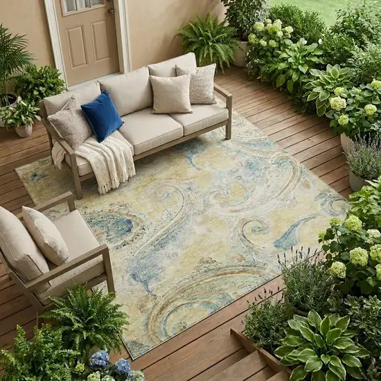 Gold And Mint Green Paisley Washable Indoor Outdoor Area Rug Photo 1