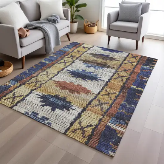 Gold And Navy Blue Tribal Washable Indoor Outdoor Area Rug Photo 6