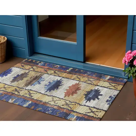 Gold And Navy Blue Tribal Washable Indoor Outdoor Area Rug Photo 2