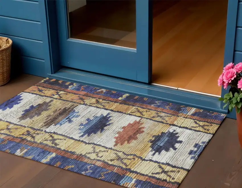 Gold And Navy Blue Tribal Washable Indoor Outdoor Area Rug Photo 2