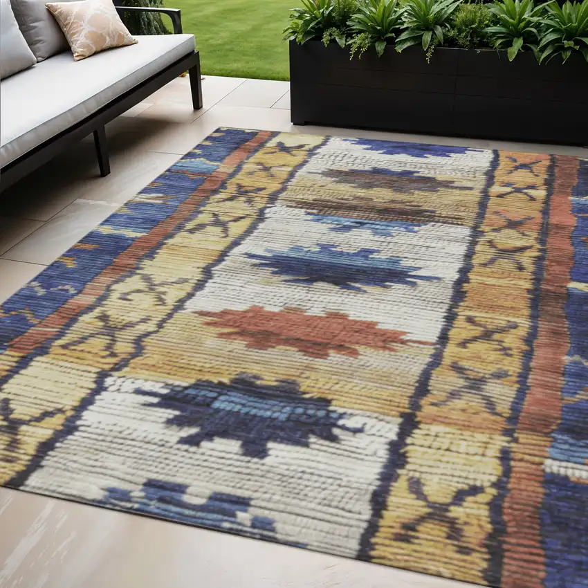 Gold And Navy Blue Tribal Washable Indoor Outdoor Area Rug Photo 2