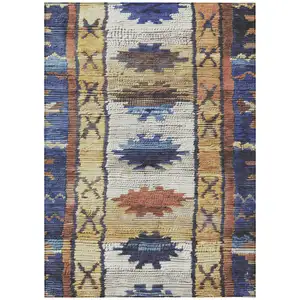 Photo of Gold And Navy Blue Tribal Washable Indoor Outdoor Area Rug