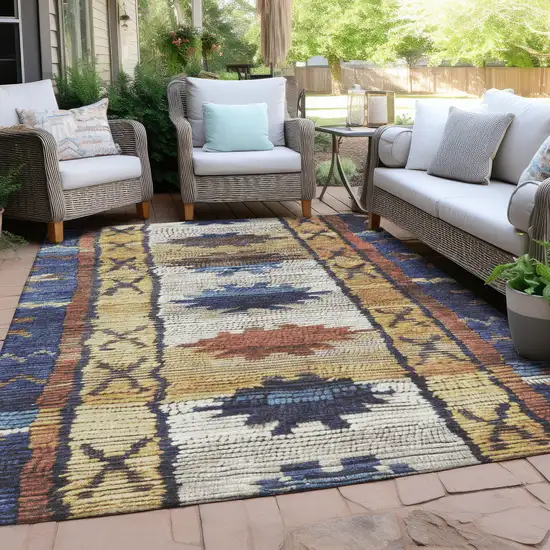 Gold And Navy Blue Tribal Washable Indoor Outdoor Area Rug Photo 5