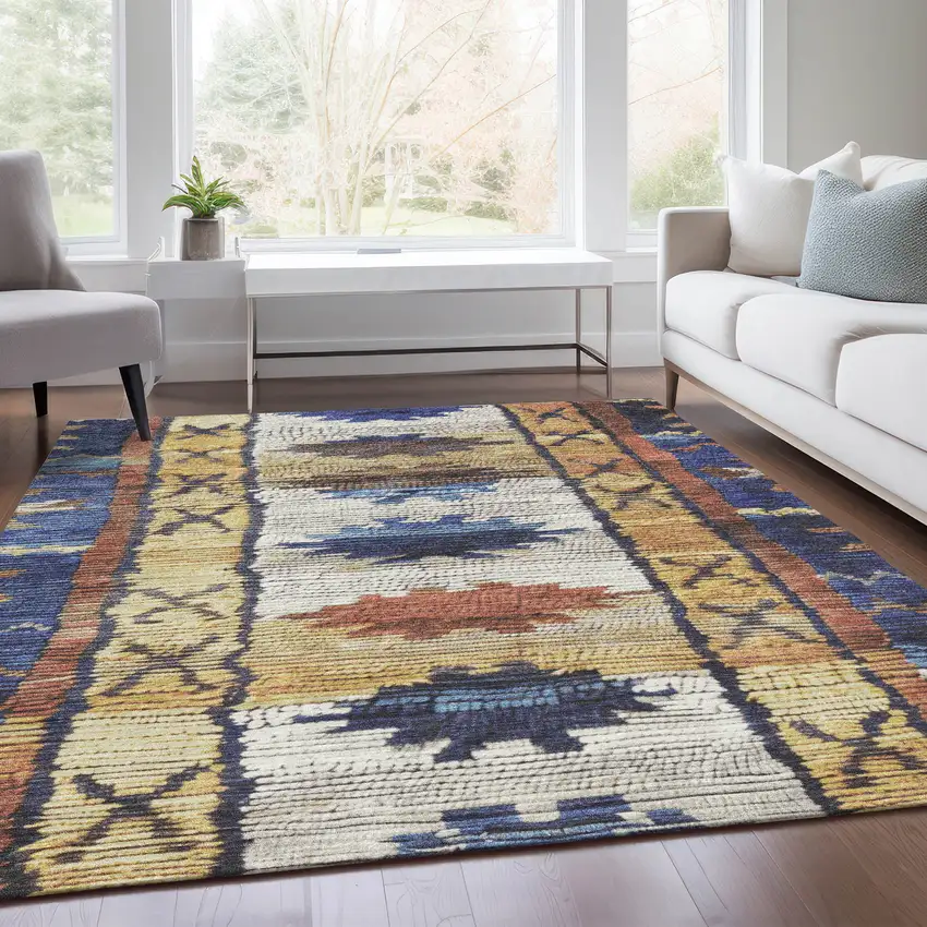 Gold And Navy Blue Tribal Washable Indoor Outdoor Area Rug Photo 7