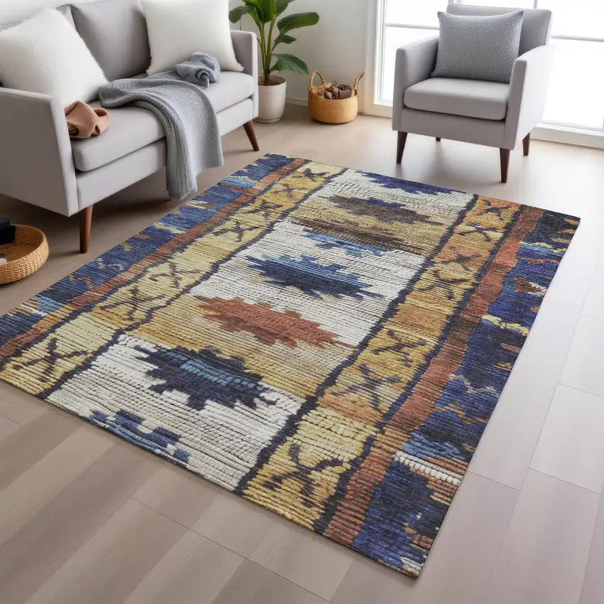 Gold And Navy Blue Tribal Washable Indoor Outdoor Area Rug Photo 6