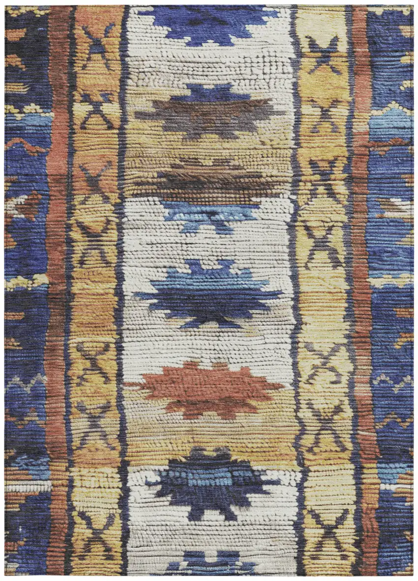Gold And Navy Blue Tribal Washable Indoor Outdoor Area Rug Photo 4