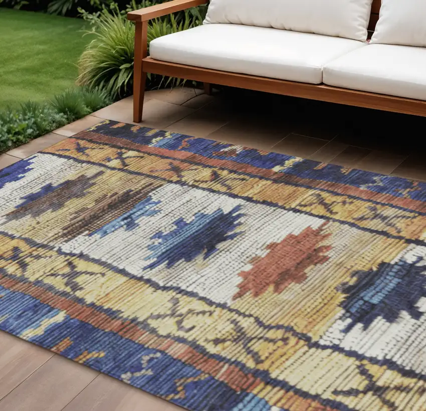 Gold And Navy Blue Tribal Washable Indoor Outdoor Area Rug Photo 2