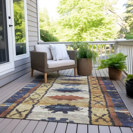 Gold And Navy Blue Tribal Washable Indoor Outdoor Area Rug Photo 8