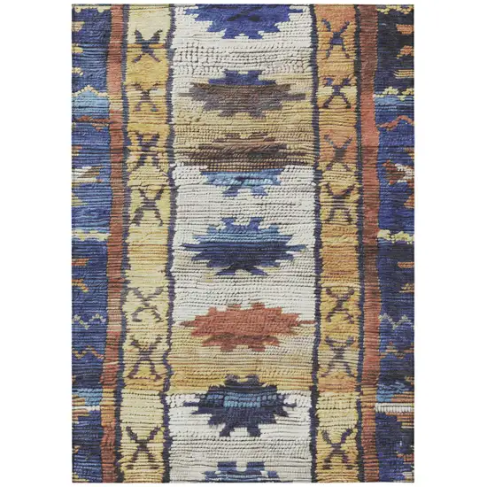 Gold And Navy Blue Tribal Washable Indoor Outdoor Area Rug Photo 1