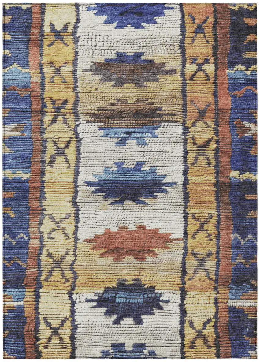 Gold And Navy Blue Tribal Washable Indoor Outdoor Area Rug Photo 1