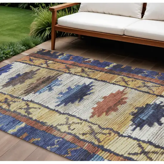 Gold And Navy Blue Tribal Washable Indoor Outdoor Area Rug Photo 2