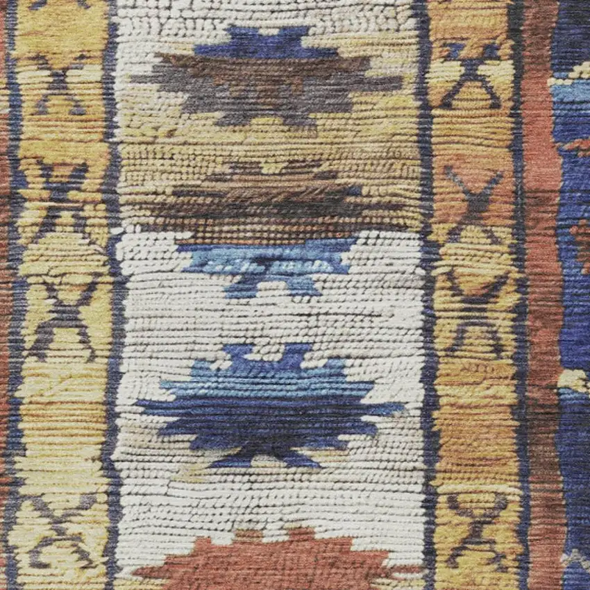 Gold And Navy Blue Tribal Washable Indoor Outdoor Area Rug Photo 3