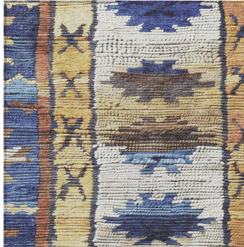 Gold And Navy Blue Tribal Washable Indoor Outdoor Area Rug Photo 9