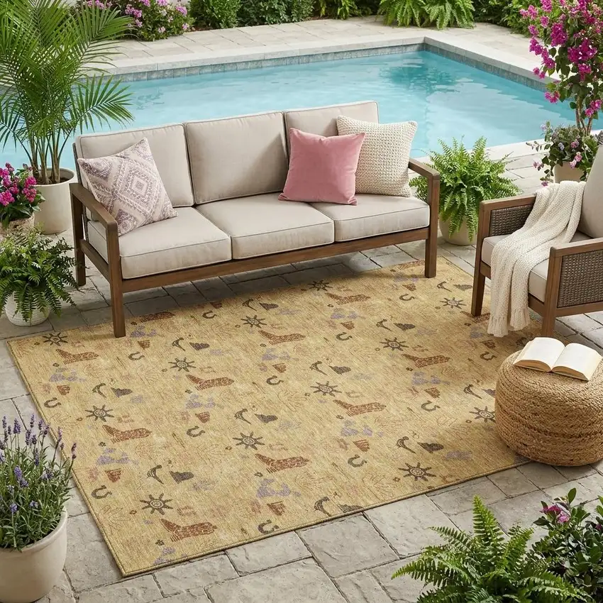 Gold And Orange Cactus Washable Indoor Outdoor Area Rug Photo 1