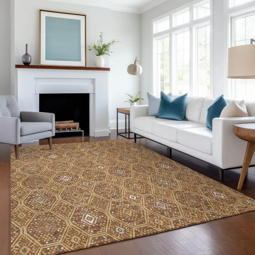Gold And Orange Geometric Washable Indoor Outdoor Area Rug Photo 6