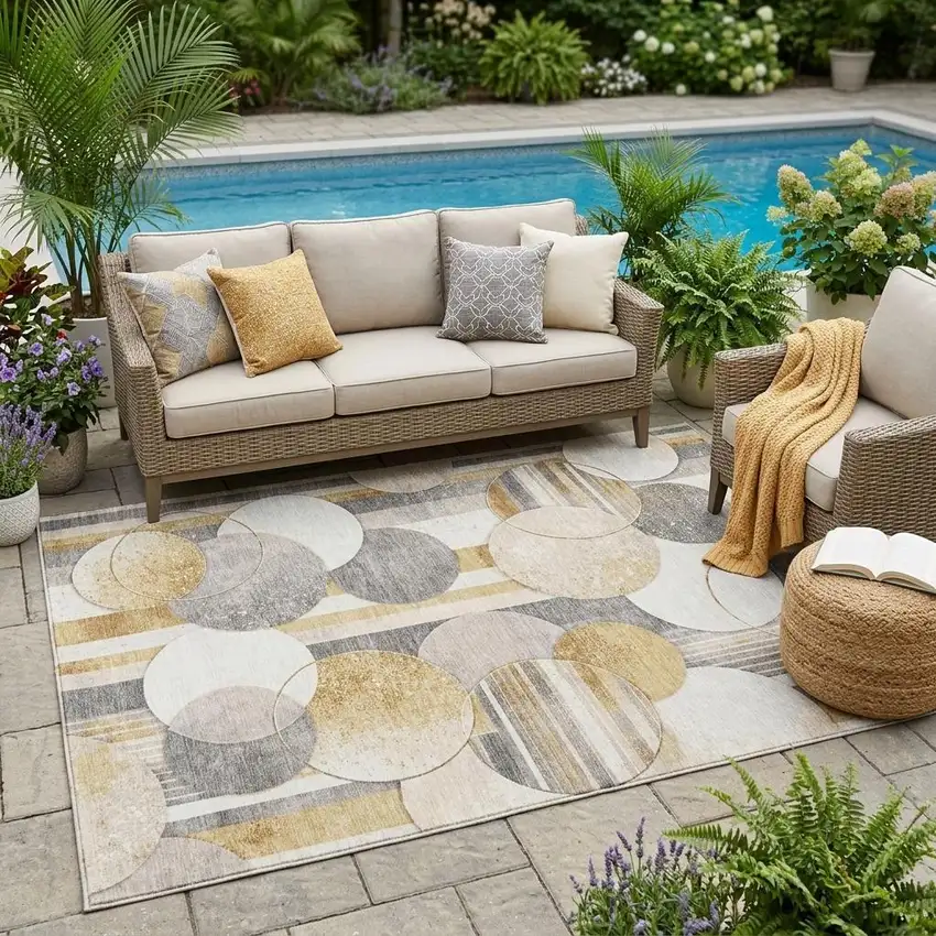 Gold And Pewter Geometric Washable Indoor Outdoor Area Rug Photo 1