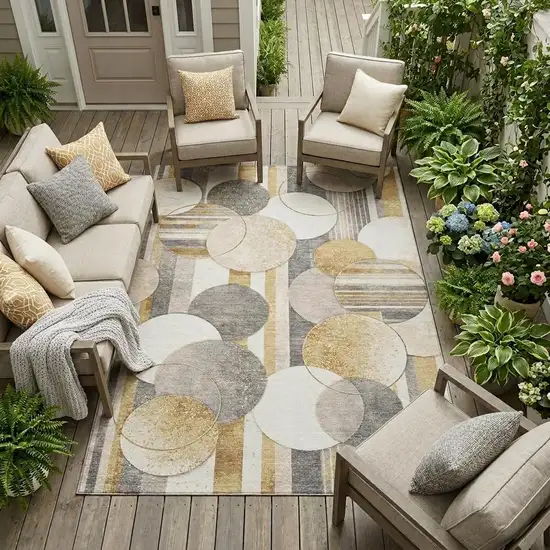 Gold And Pewter Geometric Washable Indoor Outdoor Area Rug Photo 1