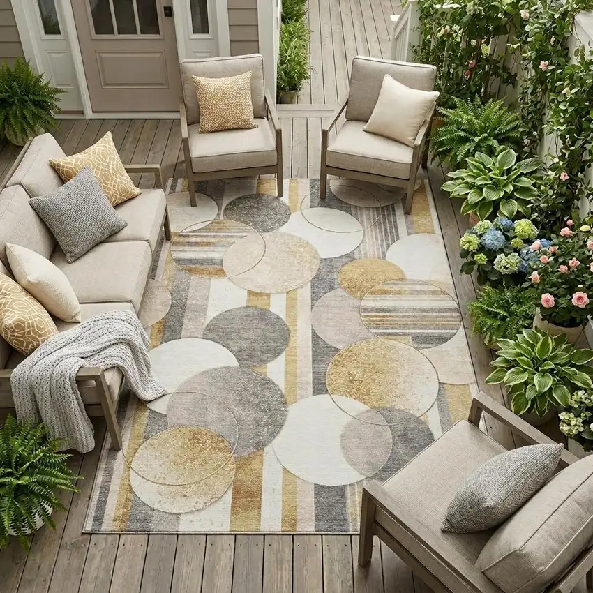 Gold And Pewter Geometric Washable Indoor Outdoor Area Rug Photo 1