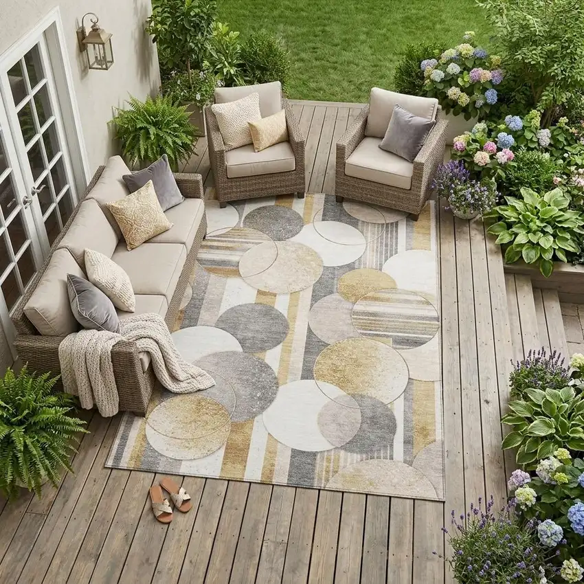 Gold And Pewter Geometric Washable Indoor Outdoor Area Rug Photo 1