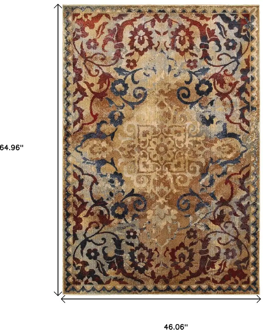 Gold And Red Oriental Distressed Area Rug Photo 3