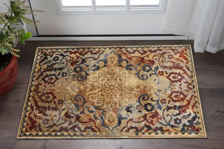 Gold And Red Oriental Distressed Area Rug Photo 1